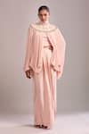 Anamika Khanna_Pink Chiffon Sequins High Neck Rose Draped Skirt And Cape Set _at_Aza_Fashions