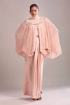 Buy_Anamika Khanna_Pink Chiffon Sequins High Neck Rose Draped Skirt And Cape Set 
