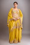 Buy_Anamika Khanna_Yellow Embroidery Sweetheart Neck Cape And Sharara Set _at_Aza_Fashions
