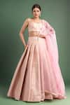 Buy_Shyam Narayan Prasad_Pink Brocade, Organza Embroidery, Applique Sweetheart Neck Pearl Lehenga Set _at_Aza_Fashions