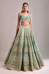 Shyam Narayan Prasad_Teal Silk, Organza Embroidery V-neck Gold Dori Lehenga Set _Online_at_Aza_Fashions