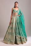 Shop_Shyam Narayan Prasad_Teal Silk, Organza Embroidery V-neck Gold Dori Lehenga Set _Online_at_Aza_Fashions