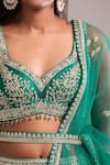Shyam Narayan Prasad_Teal Silk, Organza Embroidery V-neck Gold Dori Lehenga Set _at_Aza_Fashions