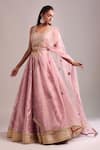 Buy_Shyam Narayan Prasad_Pink Tissue Embroidery, Zari V-neck Polka Woven Zardozi Lehenga Set _Online_at_Aza_Fashions