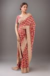 Buy_Kalighata_Red Embroidery Round Neck Bandhej Saree With Blouse _at_Aza_Fashions