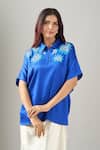 Namrata Joshipura_Blue Embroidery Collared German Back Tie Top _at_Aza_Fashions
