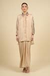 Aseem Kapoor_Beige Cotton Tassels, Embroidery High Neck, Collared Ecru Jacket Shirt Skirt Set _Online_at_Aza_Fashions