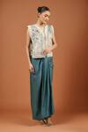 Buy_Aseem Kapoor_Teal Silk Embroidery V-neck Dull Gilet And Skirt Set _at_Aza_Fashions
