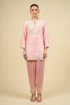 Shop_Sheetal Batra_Pink Silk Embroidery Split V-neck Blush Short Kurta Salwar Set _Online_at_Aza_Fashions