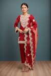 Buy_Sheetal Batra_Red Chiffon Embroidery Split V-neck Short Kurta Salwar Set _at_Aza_Fashions