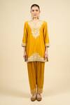 Sheetal Batra_Yellow Cotton Embroidery Split V-neck Mustard Short Kurta Salwar Set _Online_at_Aza_Fashions