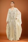 Buy_Anamika Khanna_Ivory Silk, Satin Embroidery V-neck Silver Cape Palazzo Set _at_Aza_Fashions