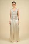 Anamika Khanna_Ivory Silk, Satin Embroidery V-neck Silver Cape Palazzo Set _at_Aza_Fashions