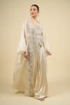 Buy_Anamika Khanna_Ivory Silk, Satin Embroidery V-neck Silver Cape Palazzo Set 