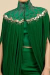 Anamika Khanna_Emerald Green Mandarin Collar Capelet Dress Set _at_Aza_Fashions