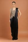 Buy_Anamika Khanna_Black Tassels, Zari V-neck Zardosi Waistcoat Dress Set _at_Aza_Fashions