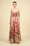 Shop_Saaksha & Kinni_Multi Color Chiffon V-neck Floral Print Harlow Dress _Online_at_Aza_Fashions