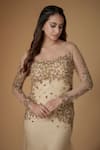Fatiz_Gold Tulle, Lycra Sequins, Beads Square Neck Champagne Designer Gown With Veil _Online_at_Aza_Fashions