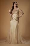 Shop_Fatiz_Gold Tulle, Lycra Sequins, Beads Square Neck Champagne Designer Gown With Veil _Online_at_Aza_Fashions
