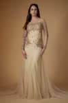 Fatiz_Gold Tulle, Lycra Sequins, Beads Square Neck Champagne Designer Gown With Veil _at_Aza_Fashions
