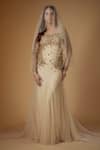 Buy_Fatiz_Gold Tulle, Lycra Sequins, Beads Square Neck Champagne Designer Gown With Veil _at_Aza_Fashions