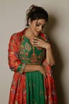 Buy_Shraddha Rambhia_Green Linen, Silk Embroidery Round Neck Printed Kurta Set With Dupatta 