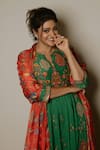 Shop_Shraddha Rambhia_Green Linen, Silk Embroidery Round Neck Printed Kurta Set With Dupatta 