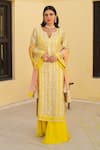 Buy_Shian_Yellow Georgette Sequins, Embroidery V-neck Sunshine Designer Kurta Sharara Set _at_Aza_Fashions
