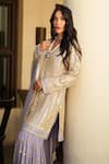 Shian_Lavender Crepe, Georgette Embroidery, Zari Round Neck Kurta Gharara Set _Online_at_Aza_Fashions