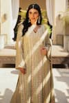 Buy_Shian_Beige Georgette Sequins, Embroidery Split V-neck Kurta Set _Online_at_Aza_Fashions