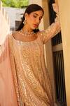 Shop_Shian_Pink Georgette Embroidery, Sequins Round Neck Salmon Kurta Sharara Set _Online_at_Aza_Fashions