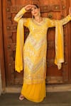 Buy_Shian_Yellow Georgette Sequins, Embroidery Round Neck Kurta Sharara Set _Online