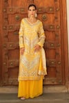 Shop_Shian_Yellow Georgette Sequins, Embroidery Round Neck Kurta Sharara Set _Online