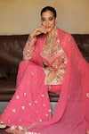 Shian_Pink Georgette Embroidery Round Neck Gajri Kurta Gharara Set _Online_at_Aza_Fashions