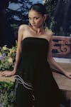 Pocket Stories_Black Microsuit Embroidery Off-shoulder Asymmetric Top And Flap Pants Set _Online_at_Aza_Fashions