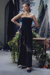 Buy_Pocket Stories_Black Microsuit Embroidery Off-shoulder Asymmetric Top And Flap Pants Set _at_Aza_Fashions