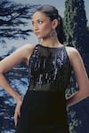 Buy_Pocket Stories_Navy Microsuit, Organza Sequins Halter Neck Blue Hand Embroidered Jumpsuit _Online_at_Aza_Fashions