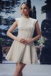 Buy_Pocket Stories_Cream Denim Round Neck Ecru Flair Petal-sleeves Dress _at_Aza_Fashions