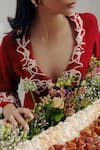 Pocket Stories_Maroon Microsuit Embroidery V-neck Crimson Box Pleat Blazer Dress _Online_at_Aza_Fashions