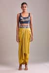 Shop_AK-OK_Blue Embroidery Round Neck, Collared Blouse And Draped Skirt Set 