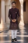 Buy_Arihant Rai Sinha_Wine Silk, Polyester, Viscose Embroidery, Sequins Thread And Sherwani With Pant _at_Aza_Fashions