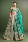 Buy_Shyam Narayan Prasad_Teal Silk, Organza Embroidery V-neck Gold Dori Lehenga Set _at_Aza_Fashions