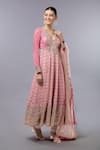 Shop_Gopi Vaid_Pink Cotton, Silk, Lycra, Net Sequins, Embroidery V-neck Designer Anarkali Set _Online_at_Aza_Fashions