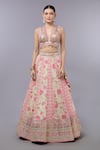 Gopi Vaid_Ivory Cotton, Silk, Net Sequins, Embroidery V-neck Floral Lehenga Set _Online_at_Aza_Fashions