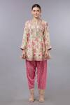 Shop_Gopi Vaid_Beige Cotton Embroidery Split V-neck Floral Anarkali With Pink Salwar Set _at_Aza_Fashions