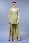 Gopi Vaid_Yellow Georgette, Cotton Embroidery V-neck Anarkali Sharara Set _Online_at_Aza_Fashions