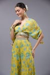 Gopi Vaid_Yellow Georgette, Cotton, Silk Tassels V-neck Floral Printed Palazzo Set _Online_at_Aza_Fashions