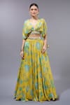 Gopi Vaid_Yellow Organza, Georgette Beads V-neck Floral Printed Lehenga Set _Online_at_Aza_Fashions