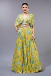 Buy_Gopi Vaid_Yellow Organza, Georgette Beads V-neck Floral Printed Lehenga Set _Online_at_Aza_Fashions