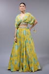 Buy_Gopi Vaid_Yellow Organza, Georgette Beads V-neck Floral Printed Lehenga Set _at_Aza_Fashions